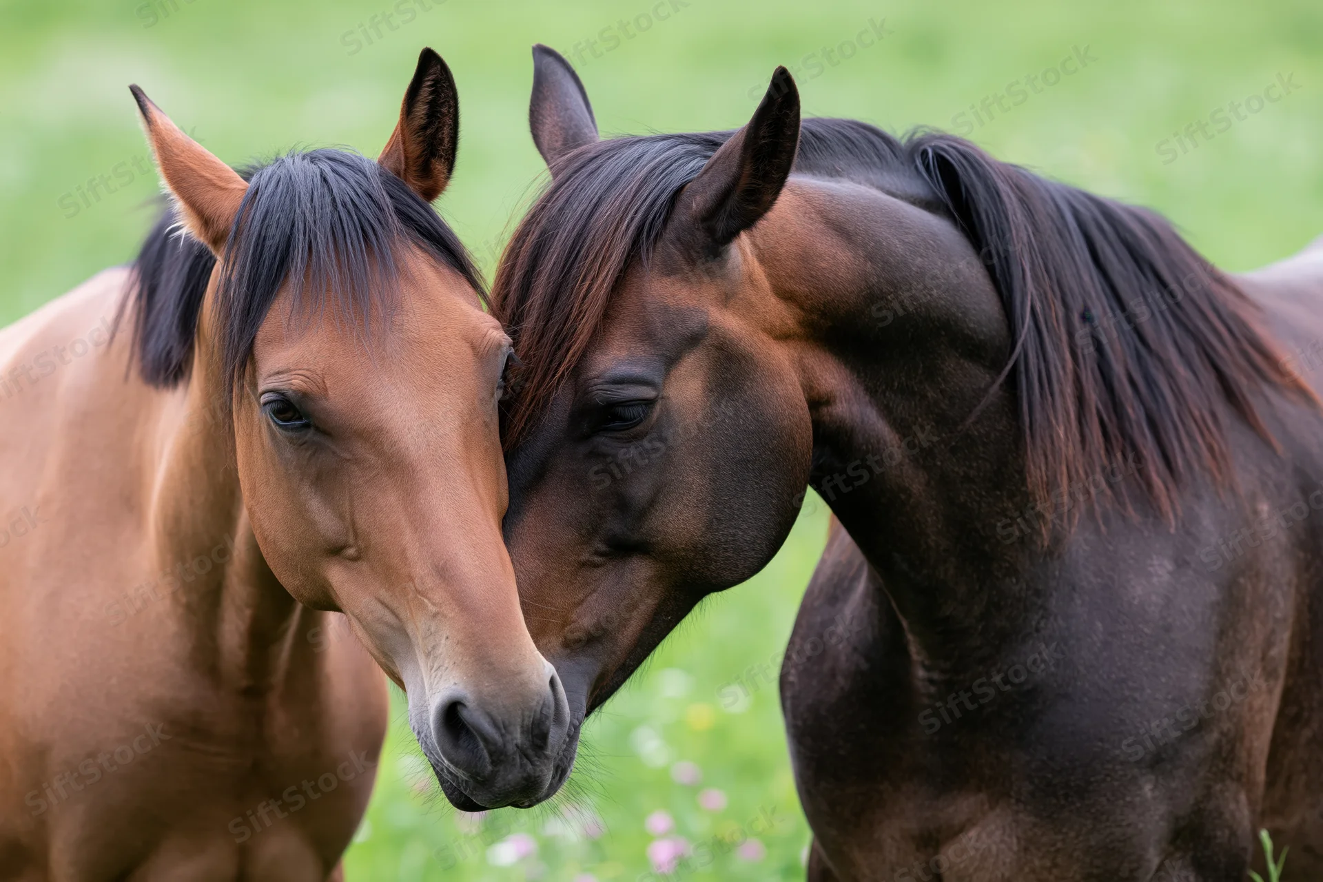 Two horses nuzzling each other in a grassy field