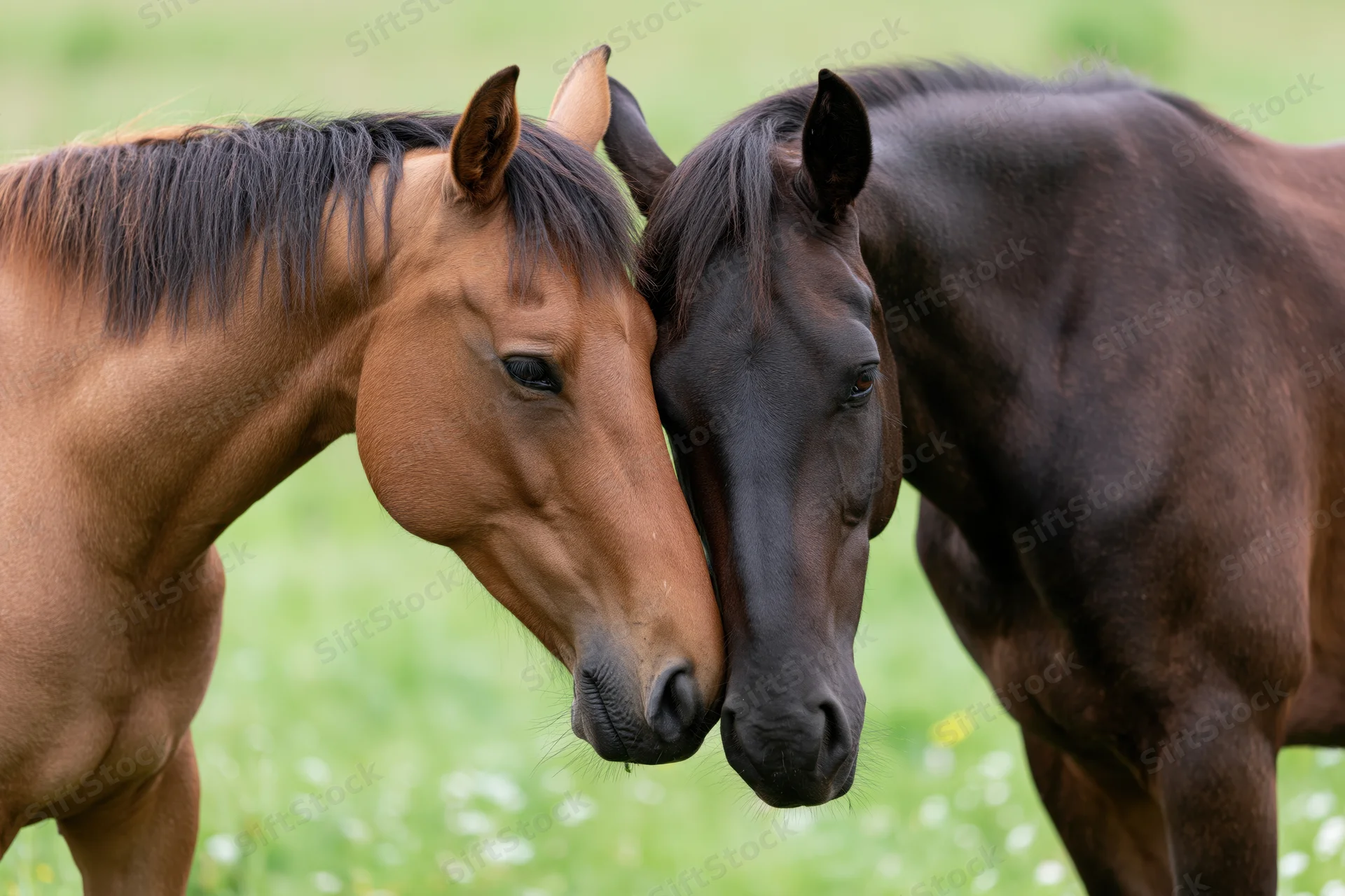 Two horses nuzzling each other in a grassy field