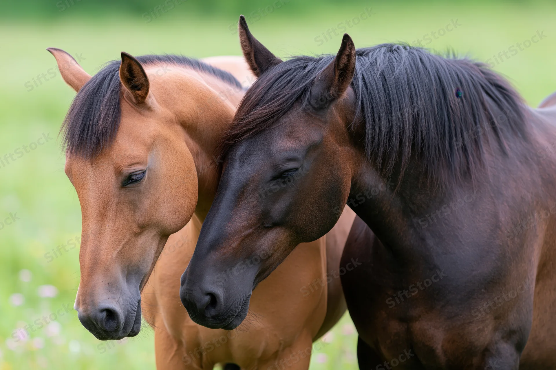 Two horses standing close together in a grassy field