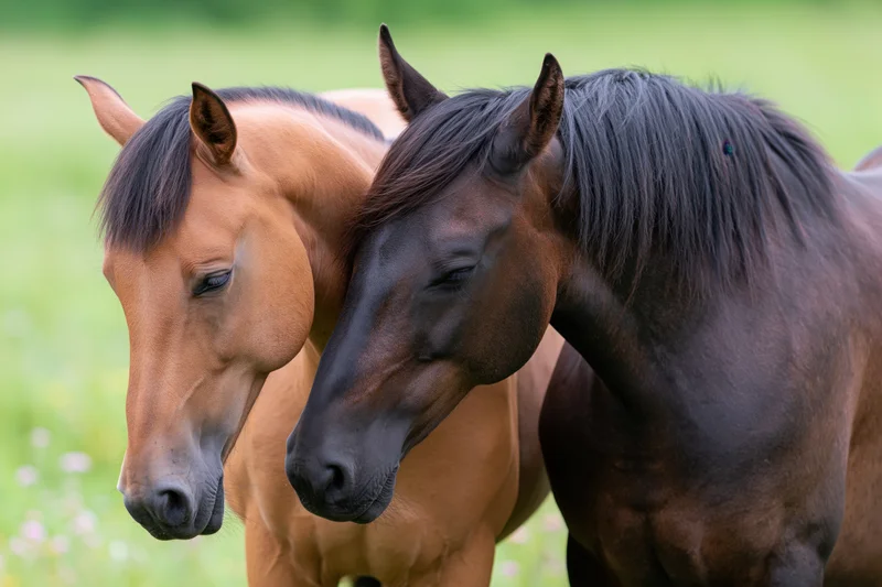 Two horses standing close together in a grassy field