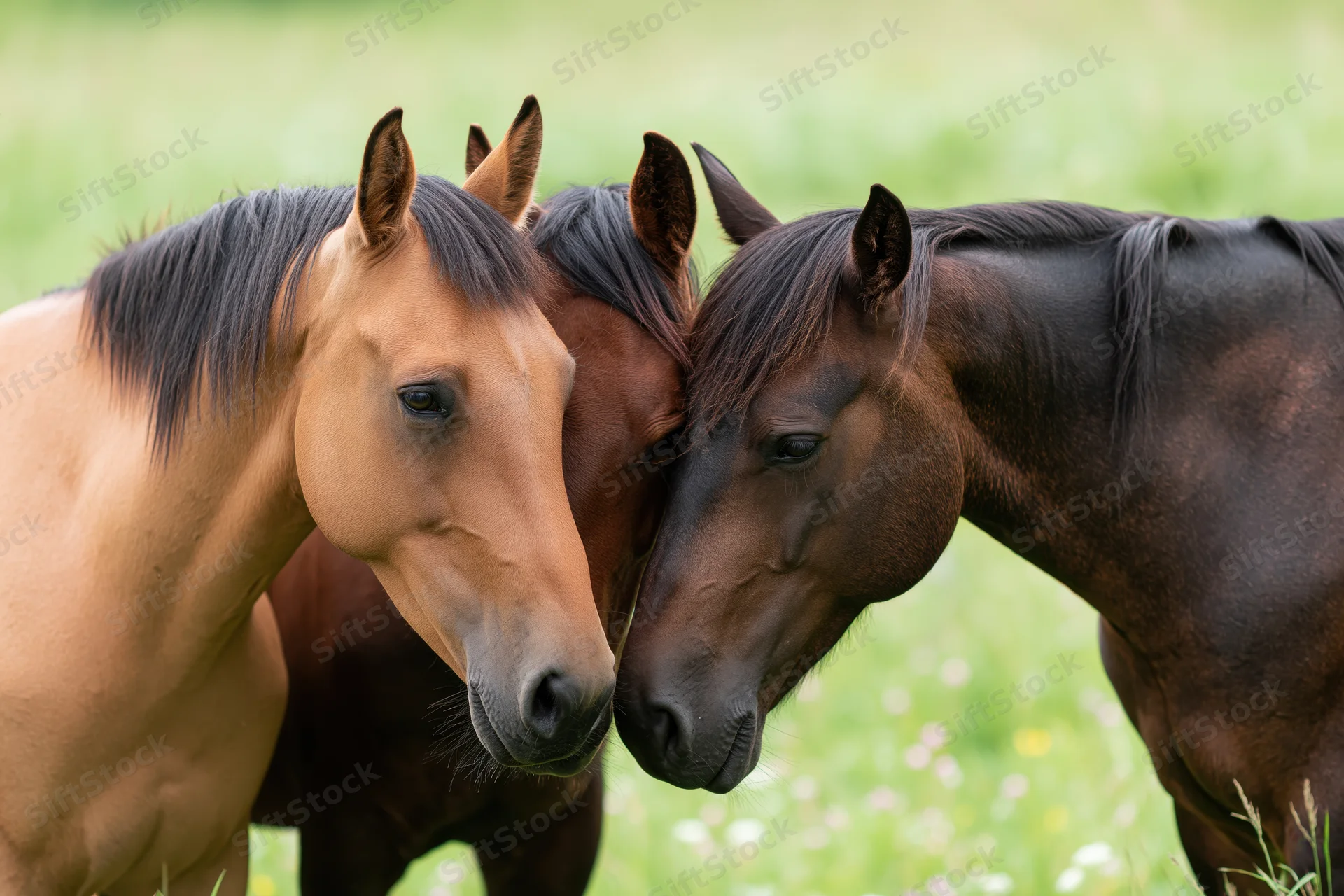 Three horses nuzzling closely in a grassy field