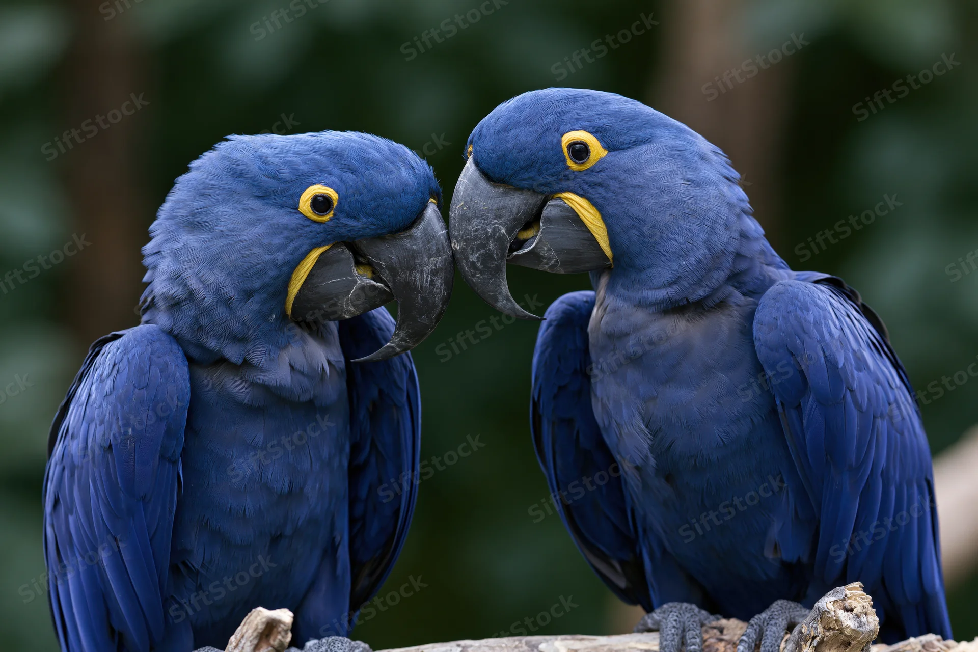 Two hyacinth macaws perched close together on a weathered branch facing each other