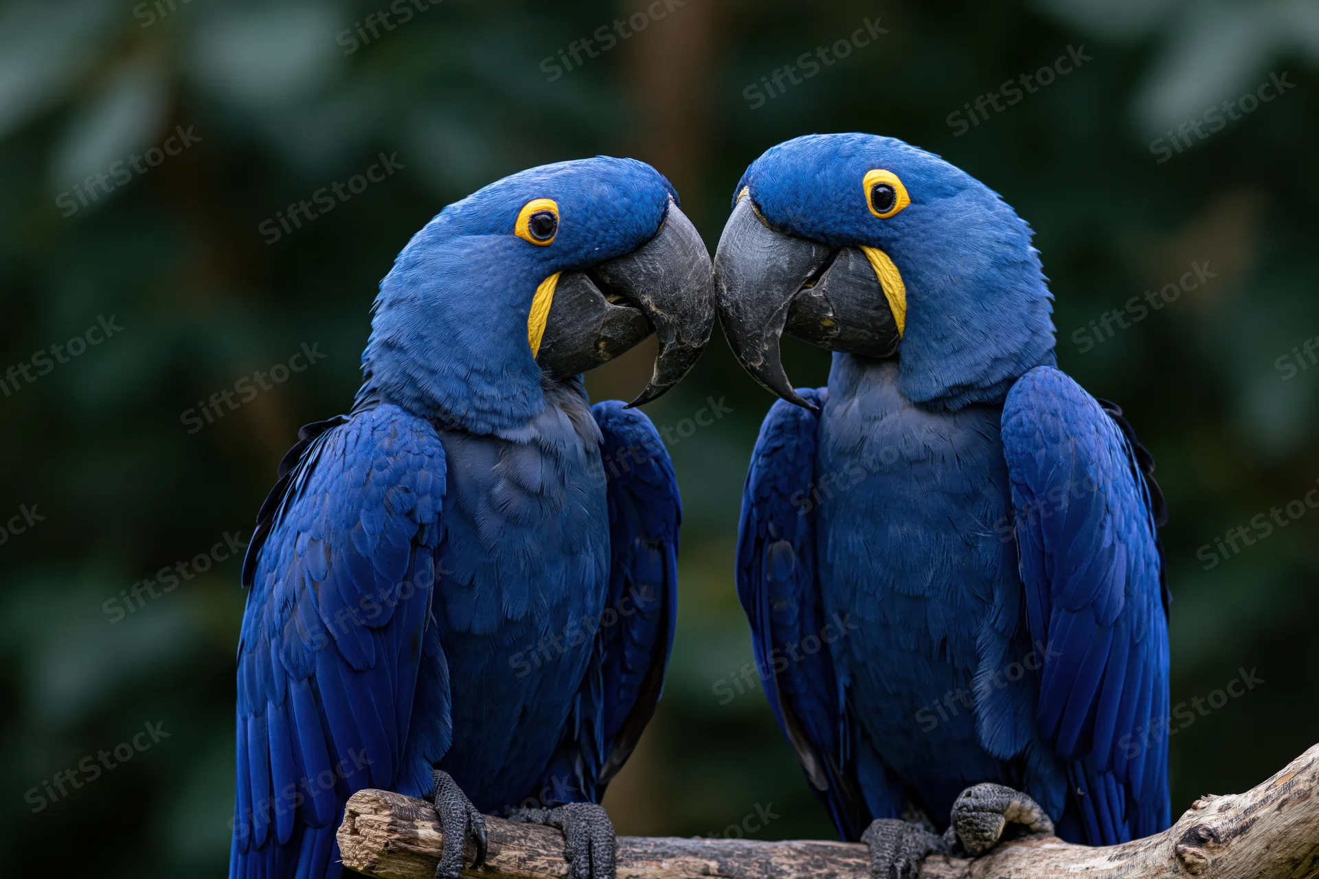 Two hyacinth macaws perched close together on a weathered branch facing each other
