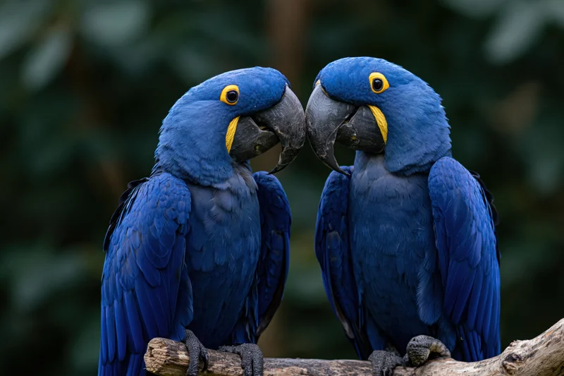 Two hyacinth macaws perched close together on a weathered branch facing each other
