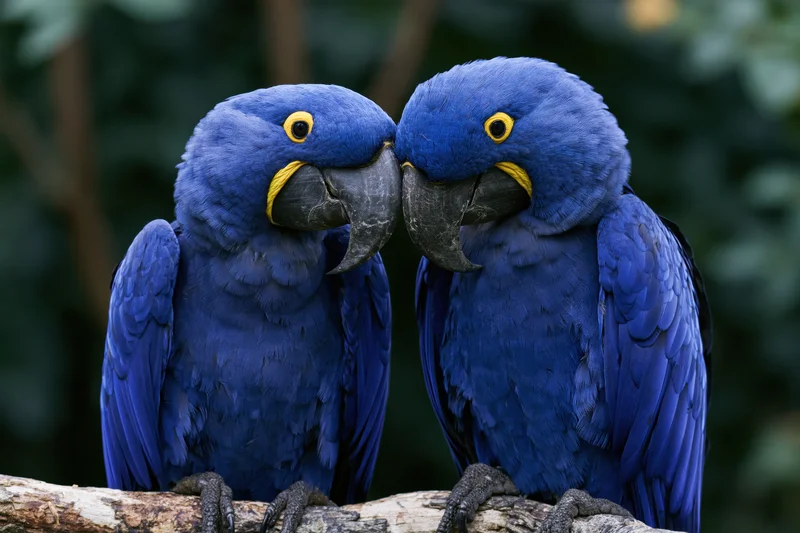 Two hyacinth macaws perched close together on a weathered branch