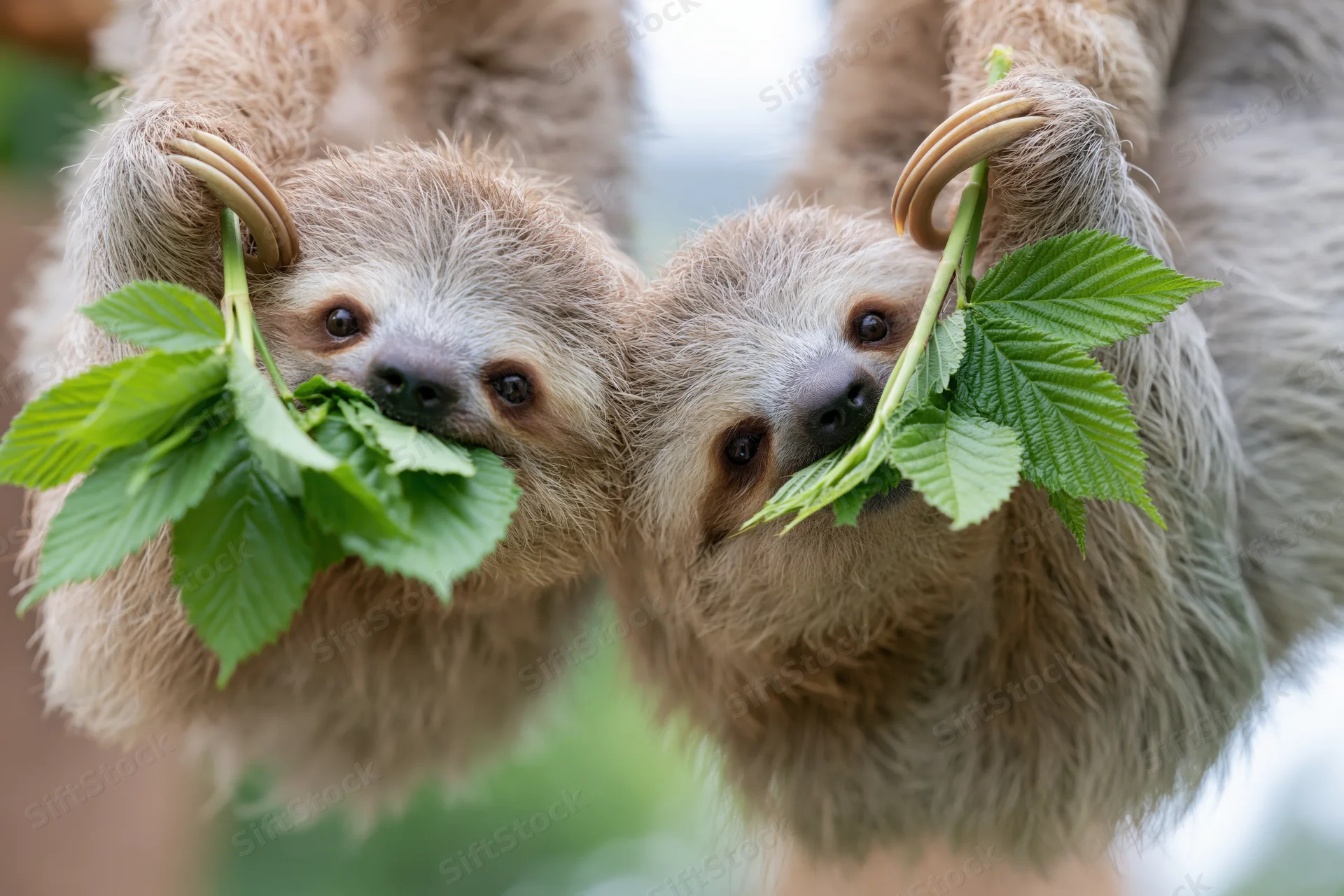 Two juvenile two-toed sloths hanging upside down side by side eating green leaves