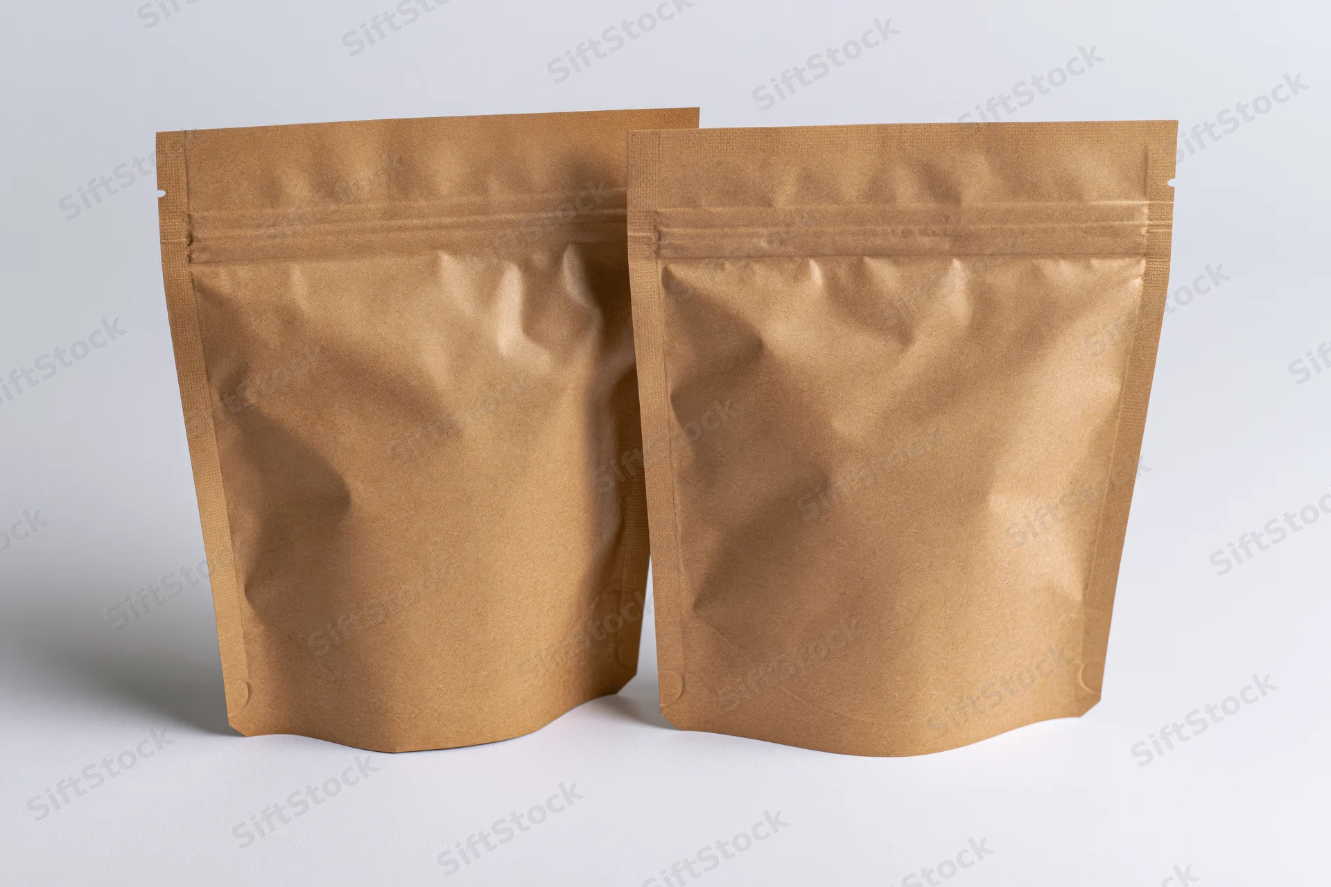 Two kraft brown mylar stand-up zipper pouches side by side on white background