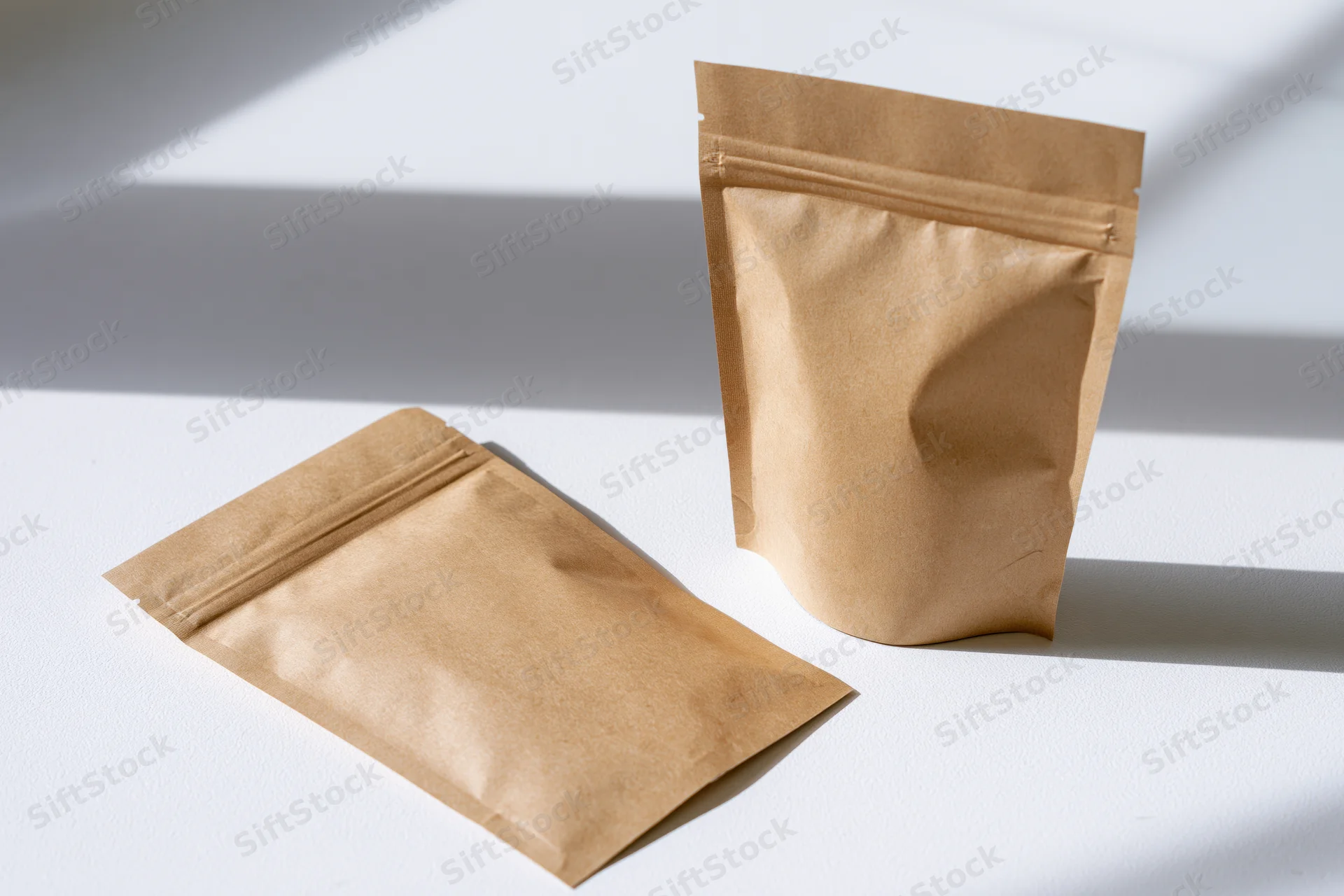 Two kraft paper zip-lock pouches arranged on a clean white surface with shadows from natural light