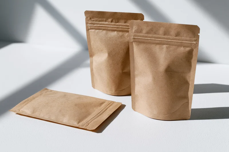 Three kraft paper zip-lock pouches arranged on a white surface with shadows from overhead light