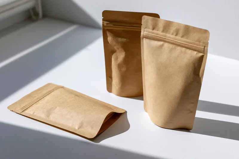 Three kraft paper zip-lock pouches arranged on a white surface with sunlight and shadows