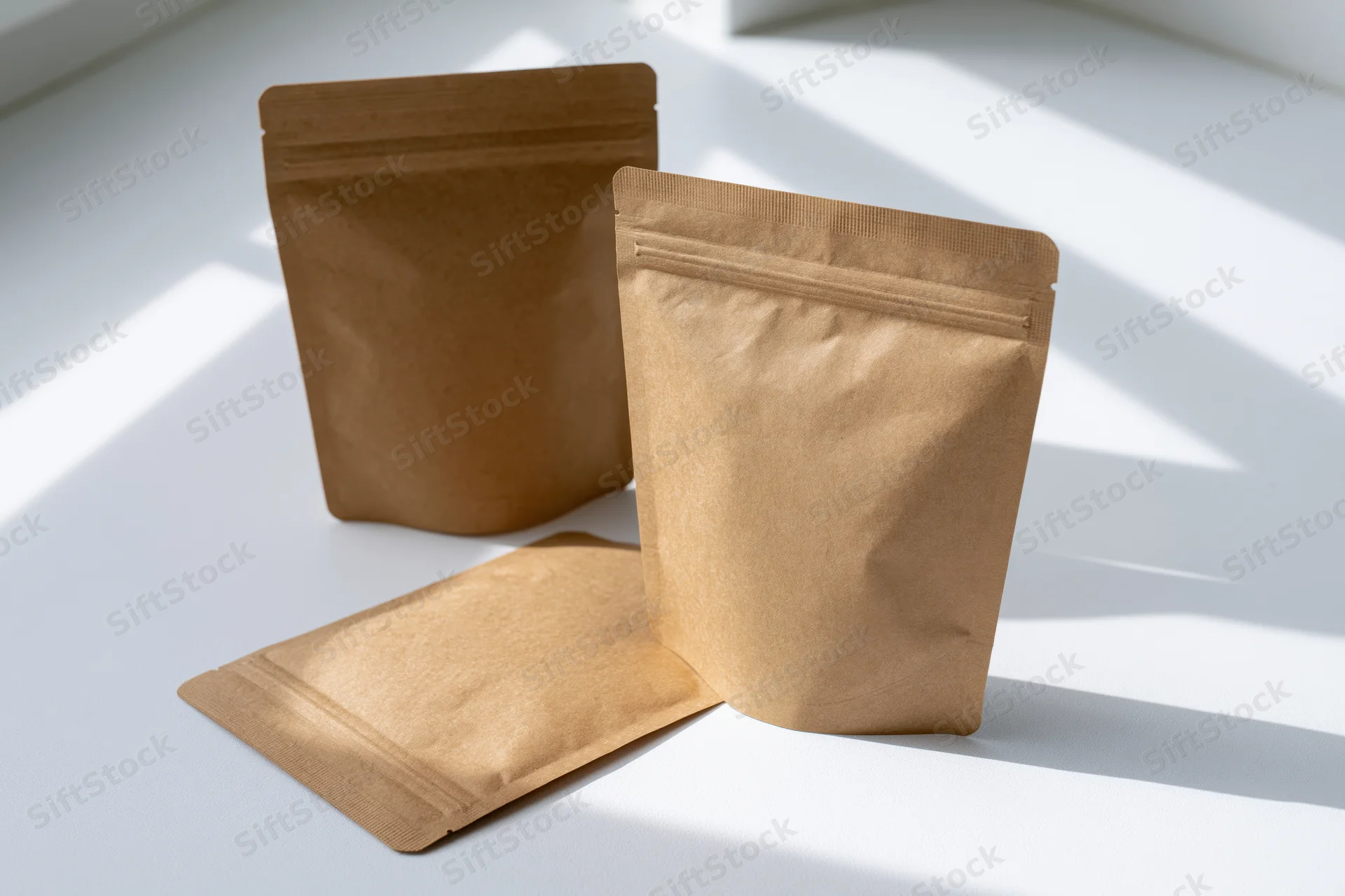 Three kraft paper zip-lock pouches arranged on a white surface with light and shadow