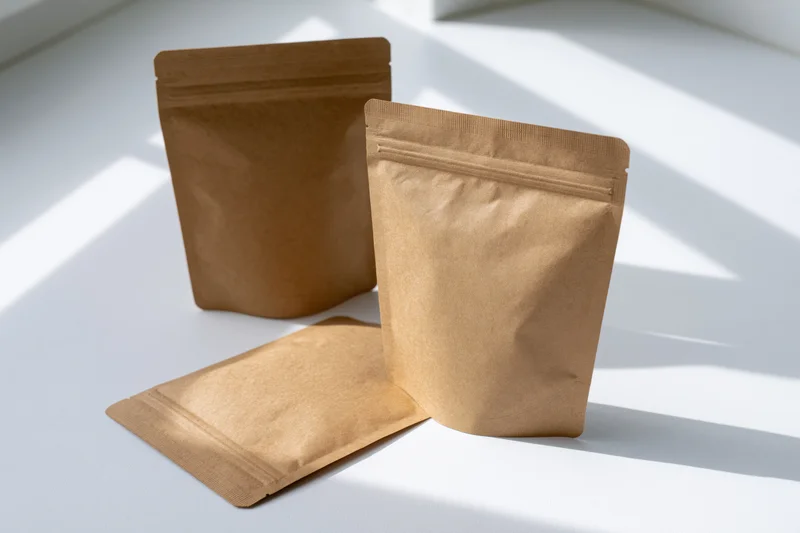 Three kraft paper zip-lock pouches arranged on a white surface with light and shadow