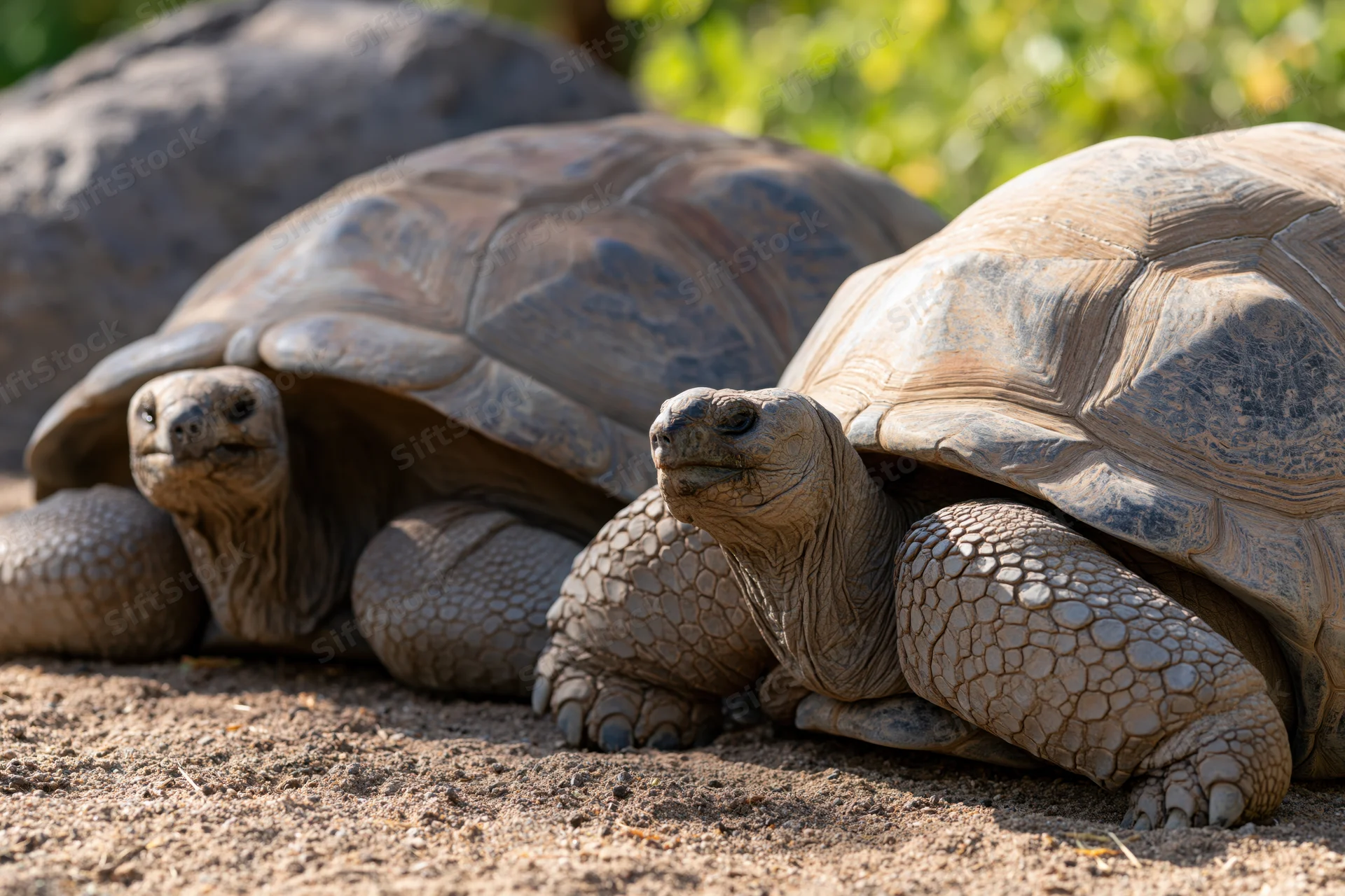 Two aldabra giant tortoises resting side by side on sandy ground in natural habitat