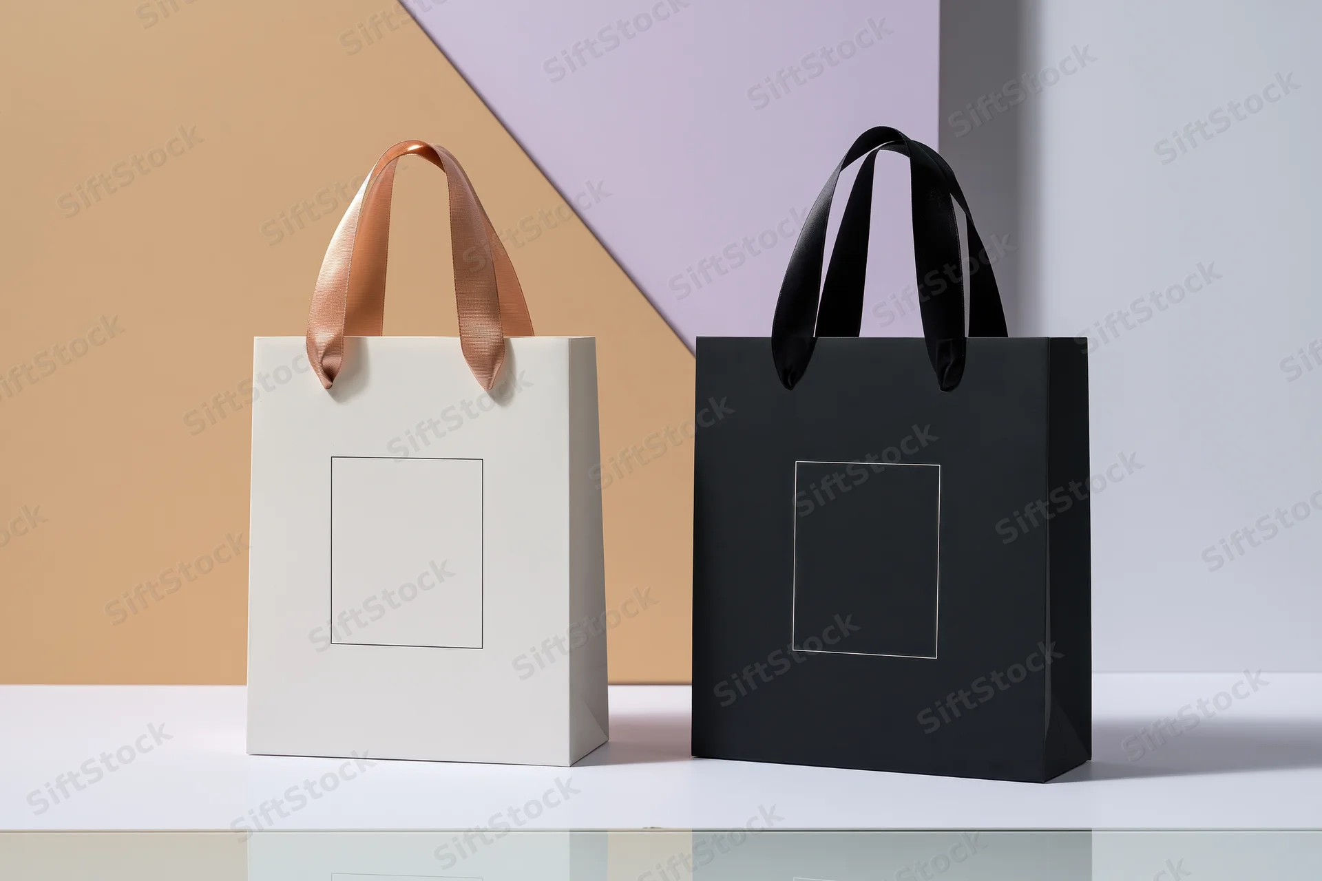 Two luxury paper shopping bags side by side on a white surface with geometric background