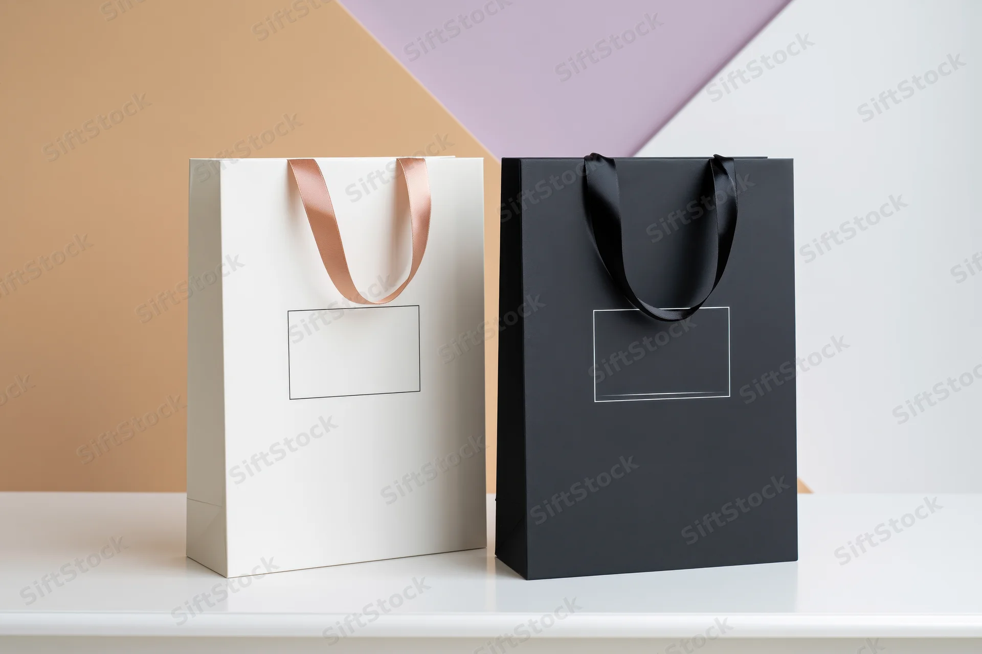 Two luxury paper shopping bags side by side on a white surface with blank label areas