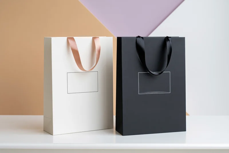 Two luxury paper shopping bags side by side on a white surface with blank label areas