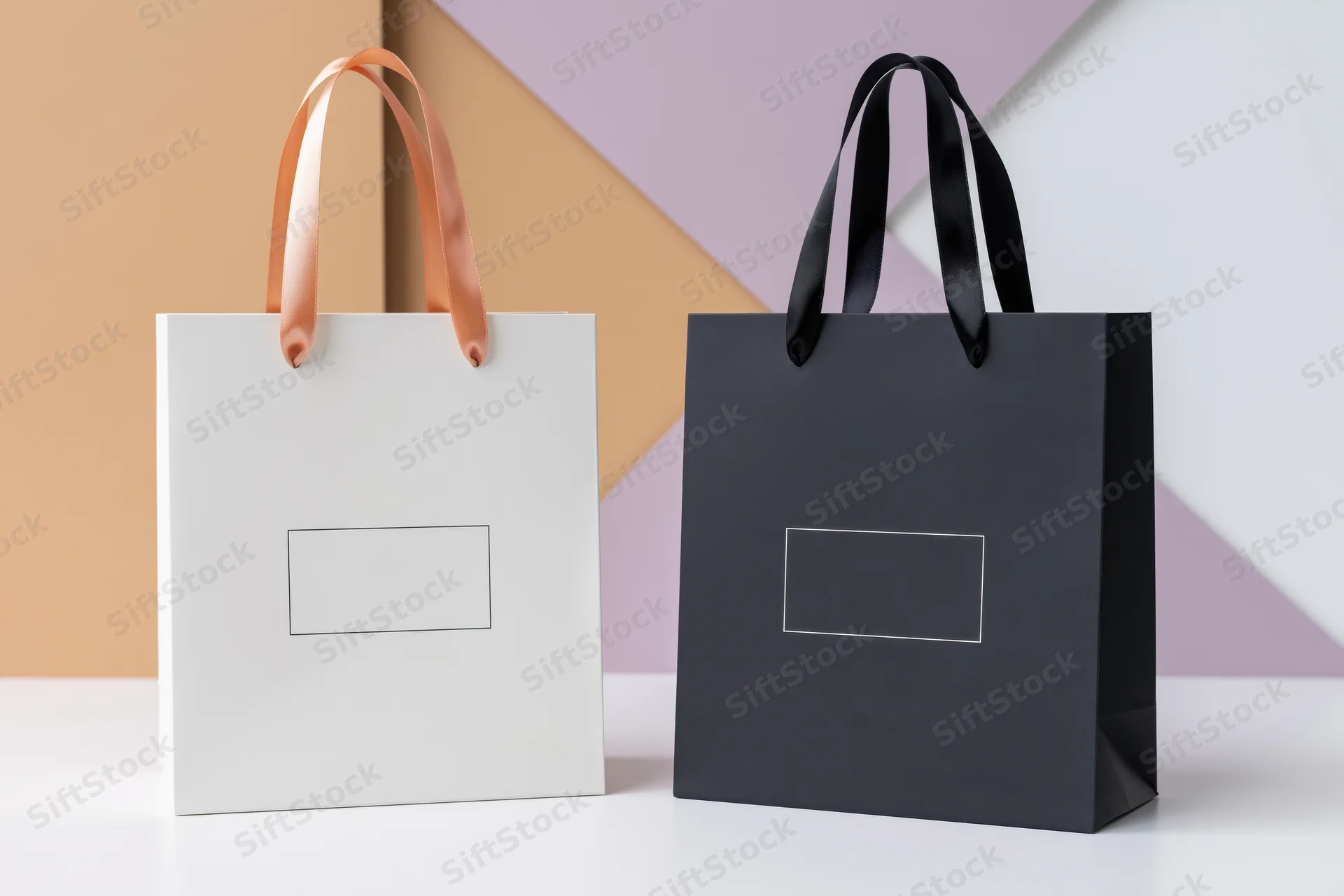 Two luxury paper shopping bags side by side on a white surface with geometric background