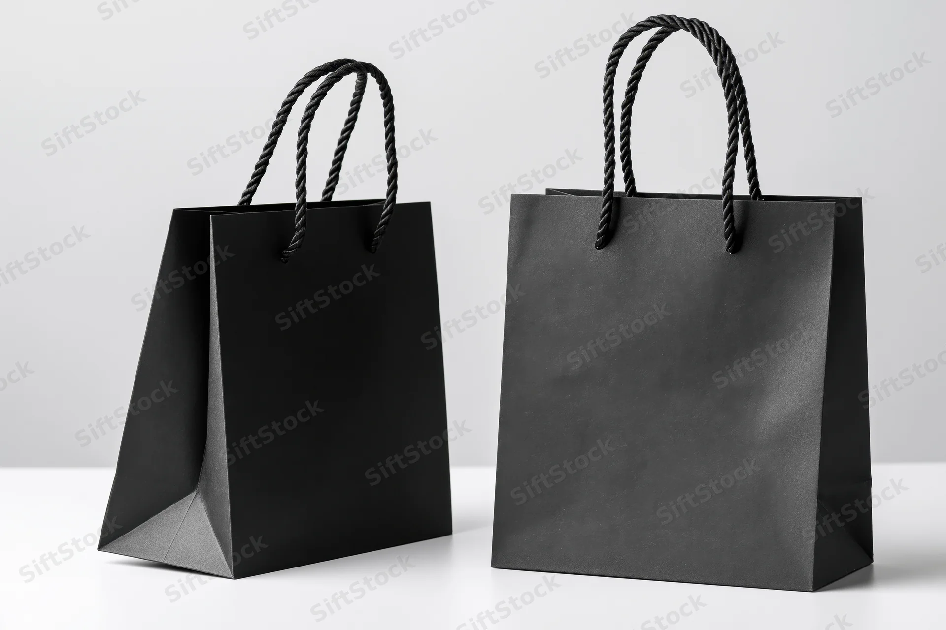 Two matte black kraft paper shopping bags with twisted rope handles on white surface