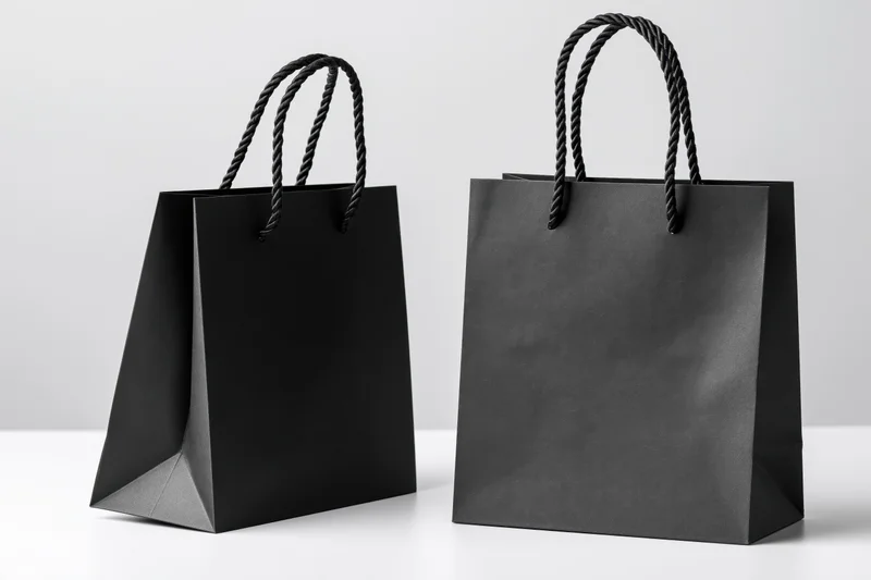 Two black kraft paper shopping bags with rope handles