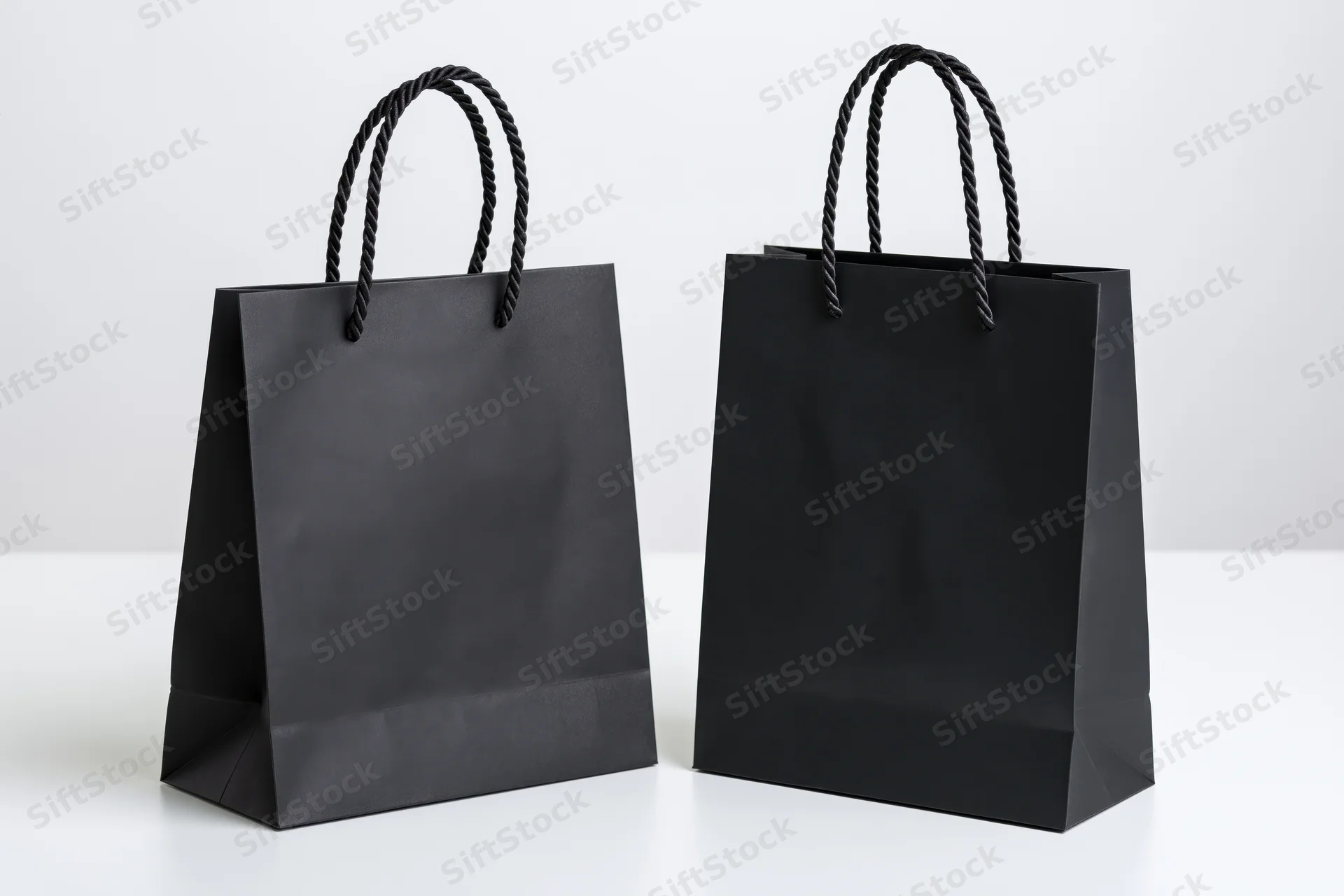 Two matte black kraft paper shopping bags with twisted rope handles on white surface