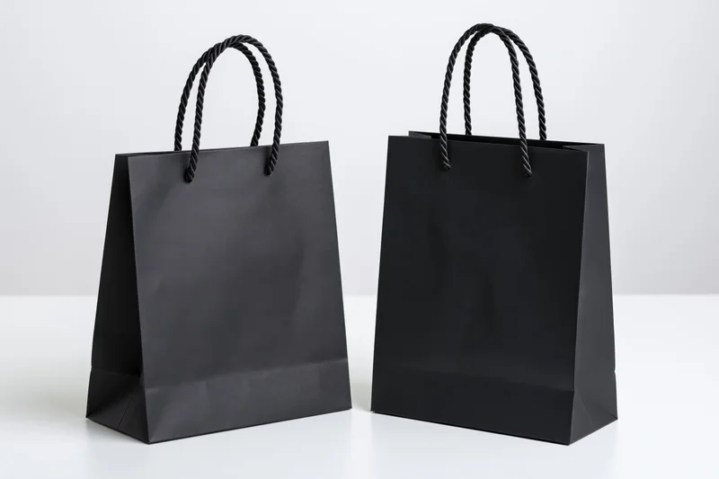 Two matte black kraft paper shopping bags with twisted rope handles on white surface