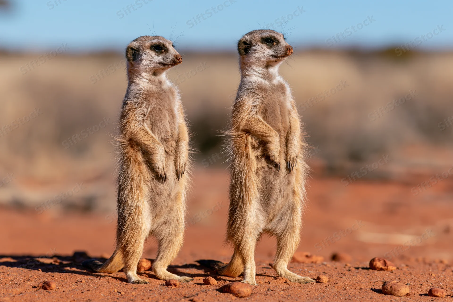 Two meerkats standing upright on red sandy ground in a desert habitat
