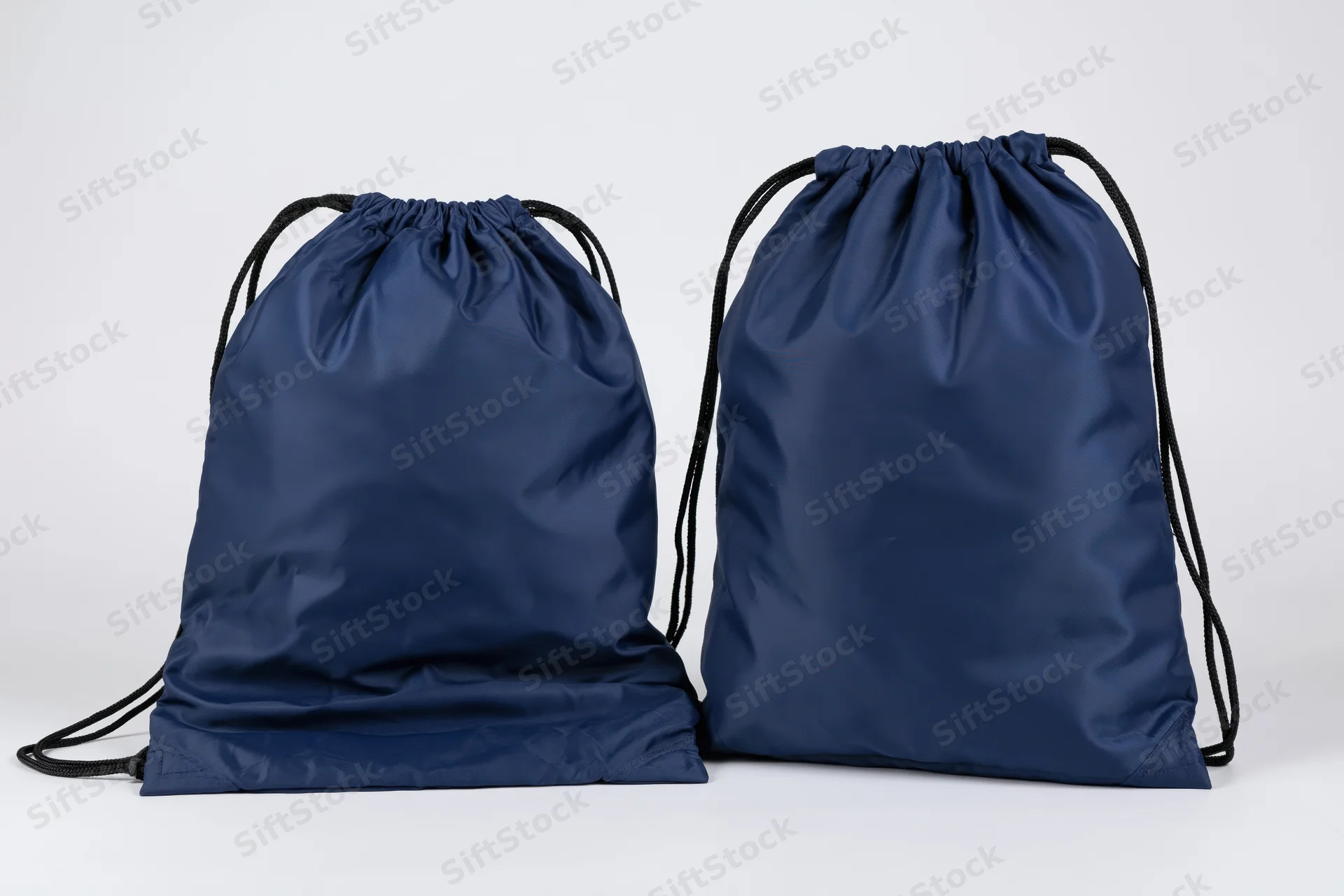 Two navy blue drawstring backpacks side by side on white background