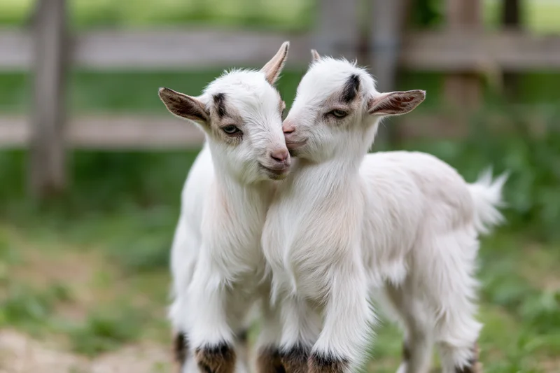 Two pygmy goat kids nuzzling each other on a grassy farm pasture