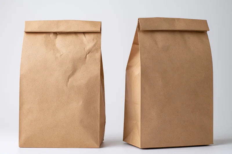 Two plain brown kraft paper bags shown front and back view on white background
