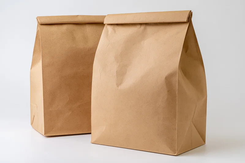Two plain brown kraft paper bags standing side by side on white surface