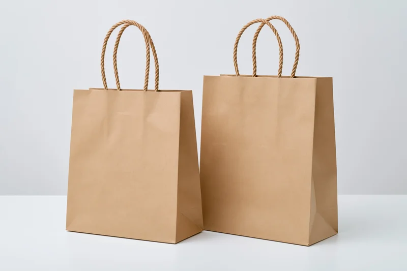 Two plain brown kraft paper shopping bags with twisted rope handles standing side by side on a white surface