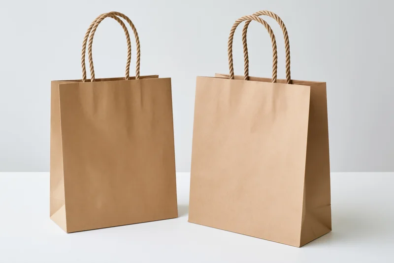 Two plain brown kraft paper shopping bags with twisted rope handles standing on white surface