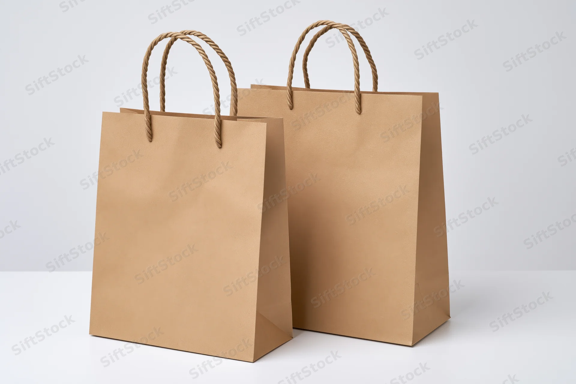 Two plain brown kraft paper shopping bags with twisted rope handles standing on white surface