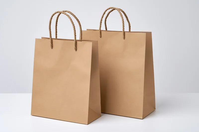 Two plain brown kraft paper shopping bags with twisted rope handles standing on white surface