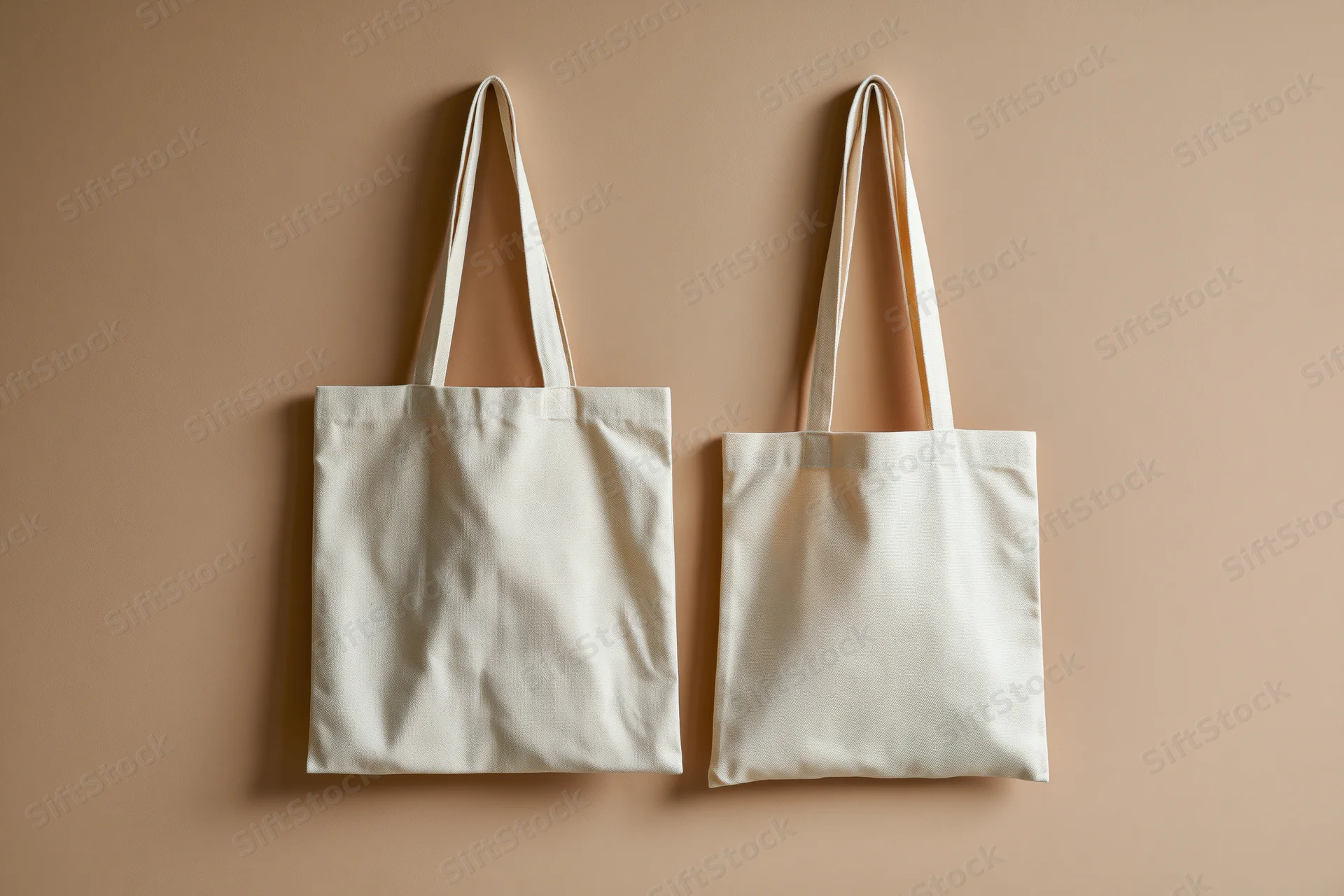 Two plain white canvas tote bags hanging flat against a beige wall