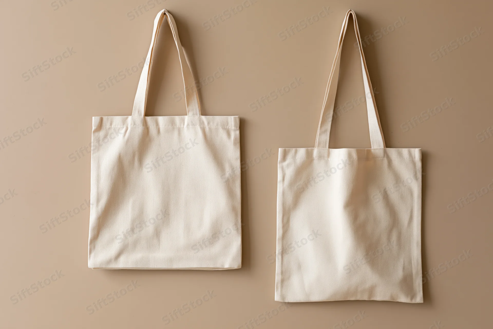Two plain canvas tote bags hanging flat against a beige wall