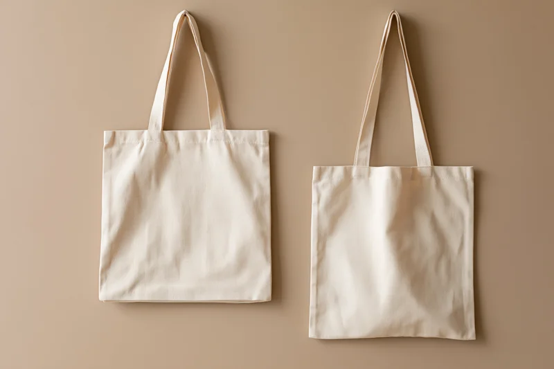 Two plain canvas tote bags hanging flat against a beige wall