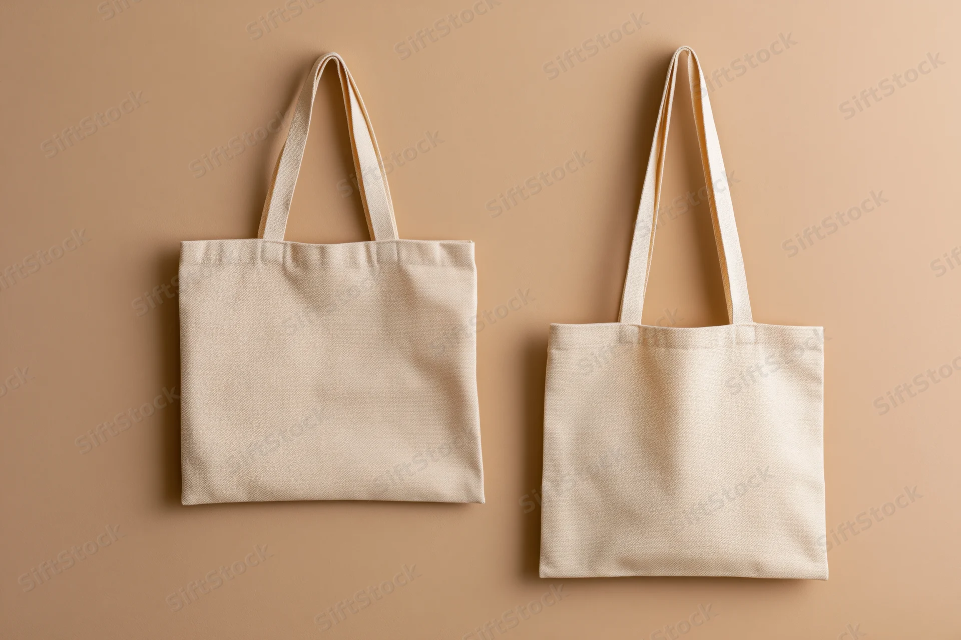 Two plain canvas tote bags hanging flat against a smooth matte beige background