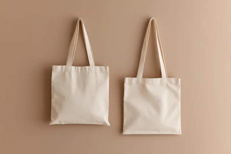 Two plain canvas tote bags hanging flat against a beige background
