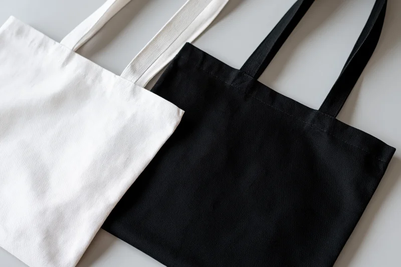 Two plain canvas tote bags in white and black laid flat on a light surface