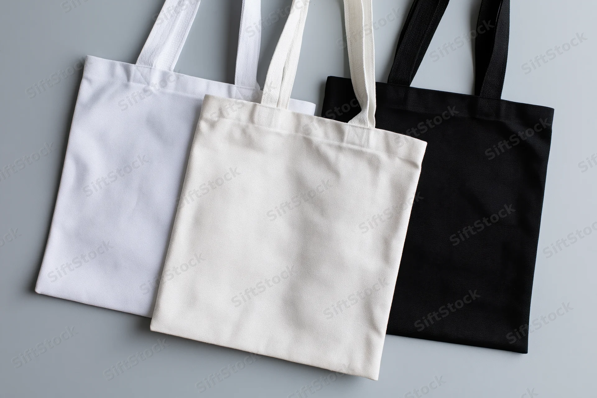 Three plain canvas tote bags in white, cream and black arranged flat on a gray surface
