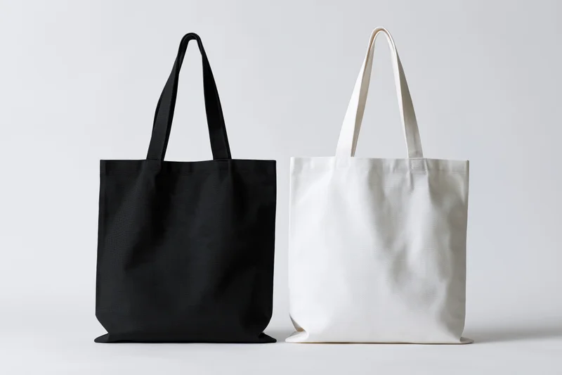 Two plain canvas tote bags side by side, one black and one white, on a white background