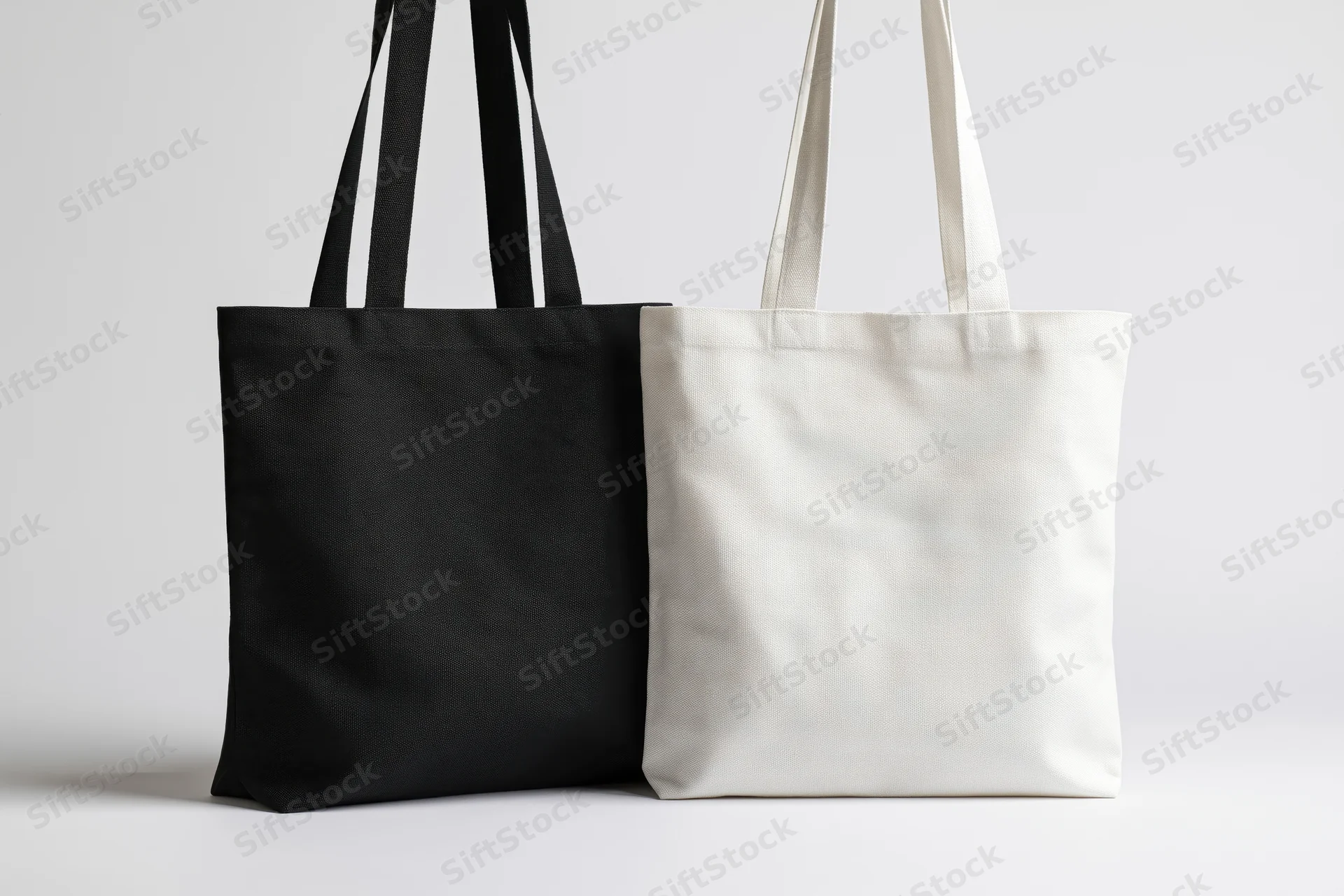 Two plain canvas tote bags side by side on white background