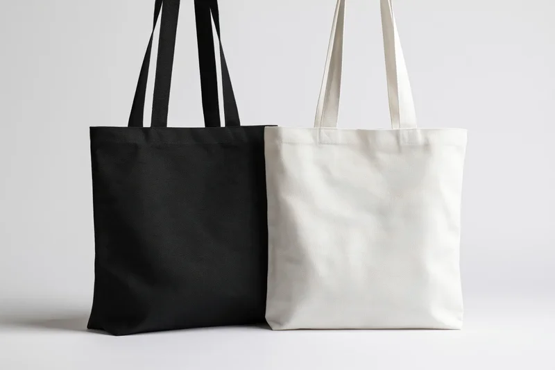 Two plain canvas tote bags side by side on white background