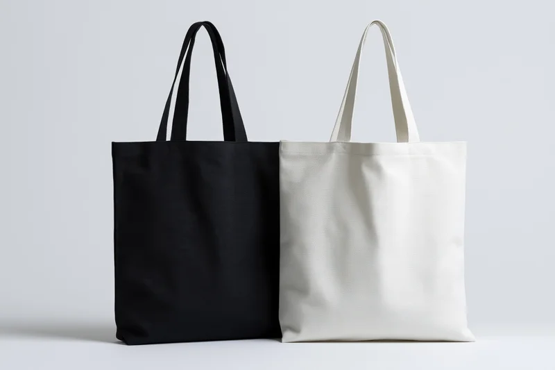 Two plain canvas tote bags side by side on white background
