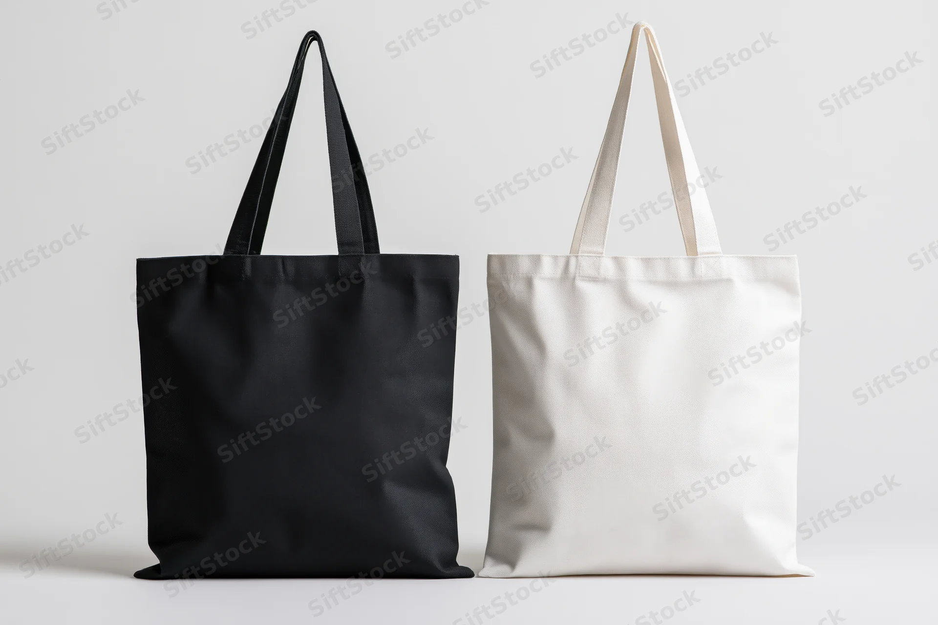 Two plain canvas tote bags side by side on a white background