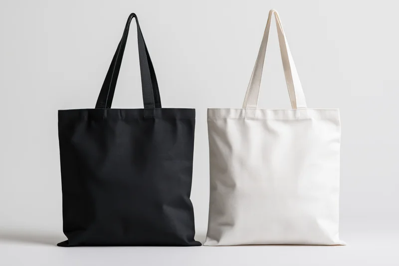 Two plain canvas tote bags side by side on a white background