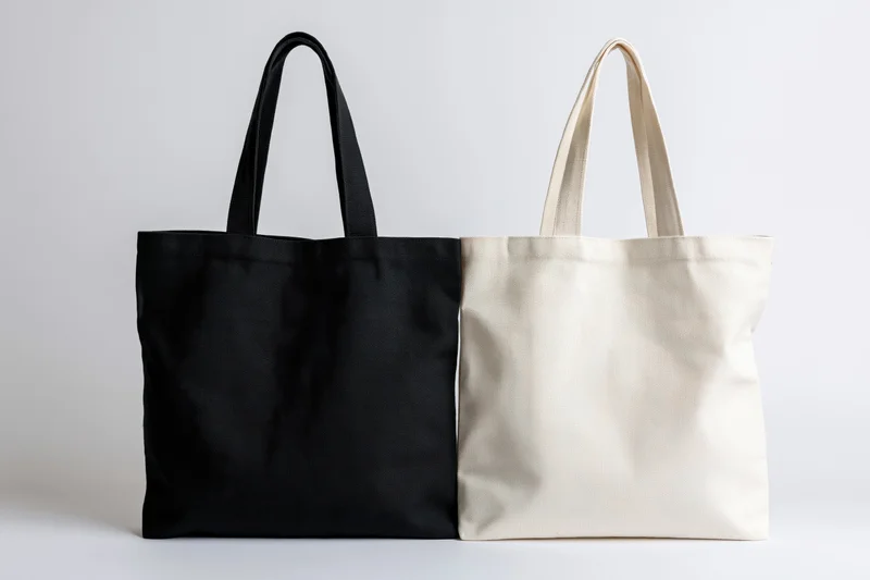 Two plain canvas tote bags side by side on a white background
