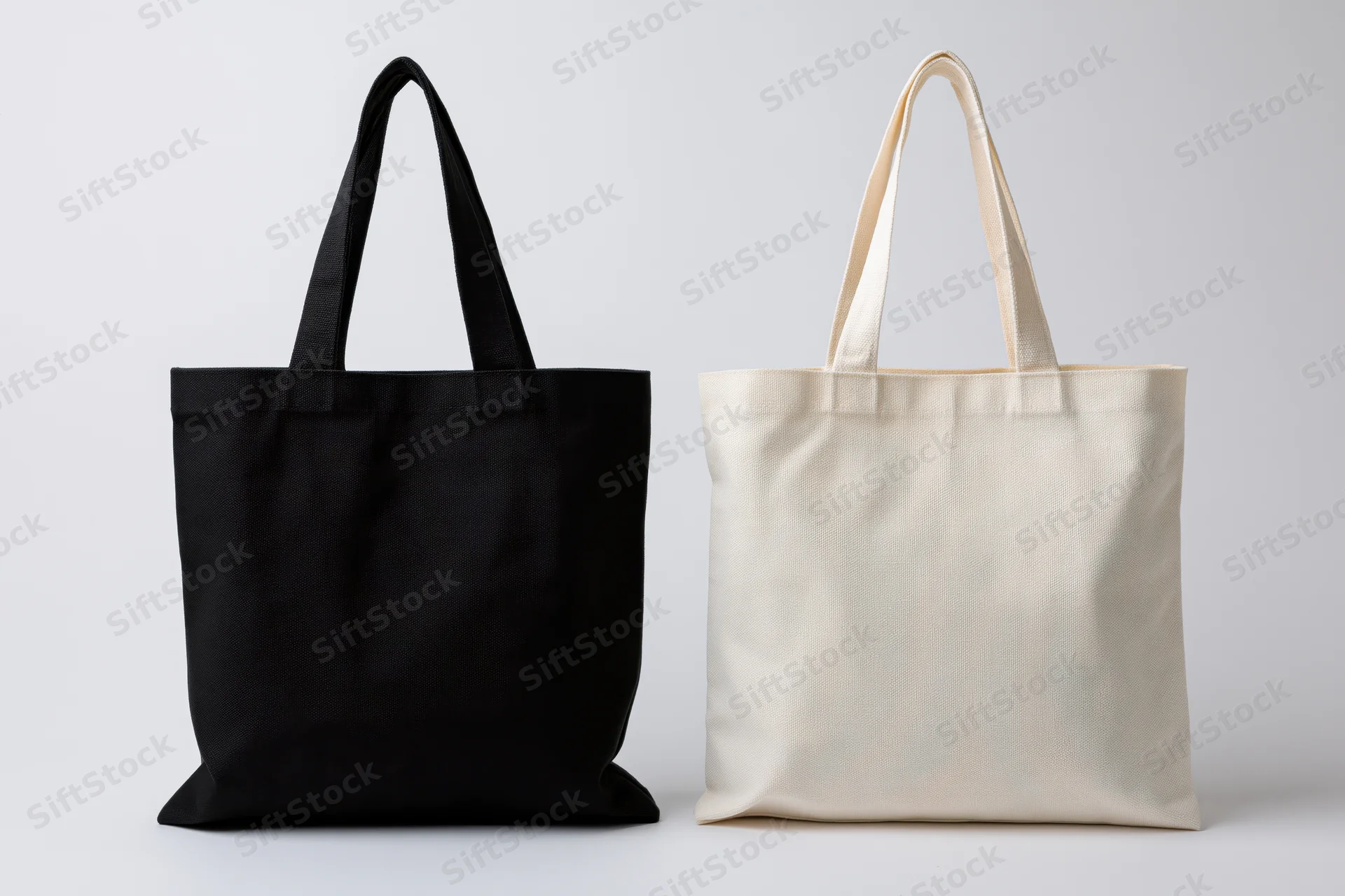 Two plain canvas tote bags side by side on white background