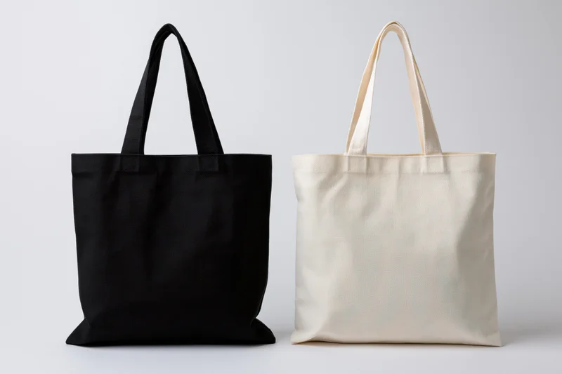 Two plain canvas tote bags side by side on white background